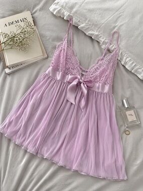 Victoria's Secret Pink Lace Babydoll Cami Bow Front Sheer Lingerie S/M